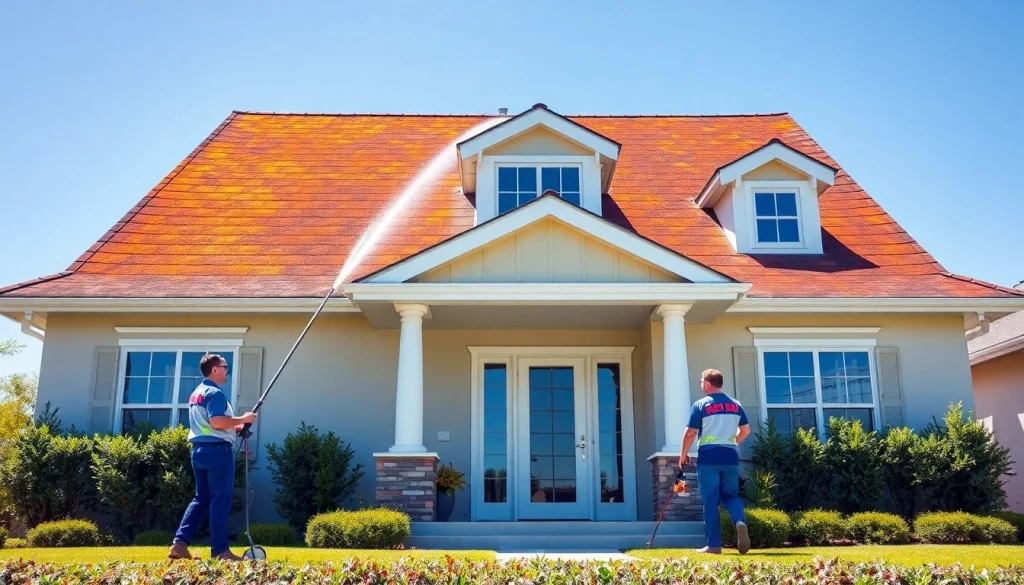 Roof cleaning in progress, showcasing a pristine house with vibrant colors and professional service.