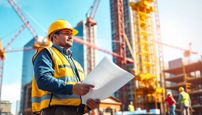 Manhattan Construction Manager overseeing a construction site showing vibrant activity and teamwork.