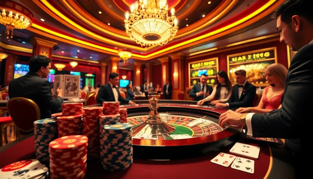 Experience the thrill of gambling at https://jun88buzz.info/ with a luxurious casino scene showcasing roulette and poker.