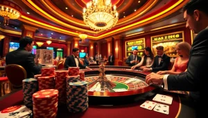 Experience the thrill of gambling at https://jun88buzz.info/ with a luxurious casino scene showcasing roulette and poker.