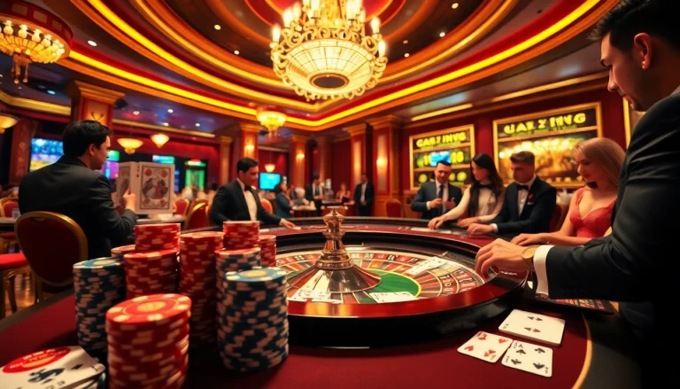 Experience the thrill of gambling at https://jun88buzz.info/ with a luxurious casino scene showcasing roulette and poker.