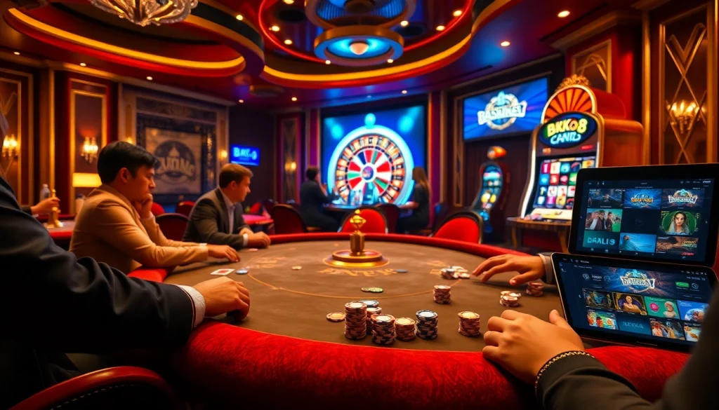 Experience thrilling poker action at BK8's luxurious gaming table amidst vibrant casino lights.