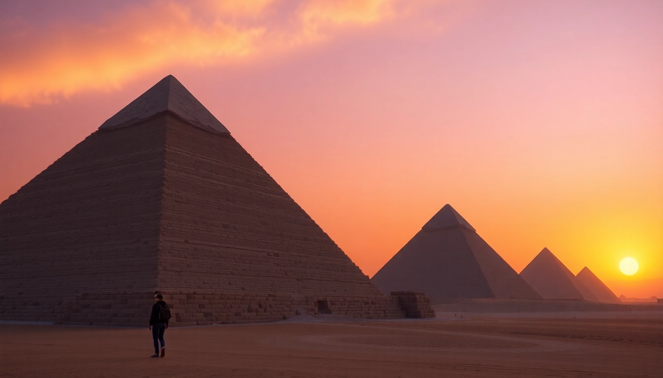 Young traveler gazing at the majestic piraminds during sunset.