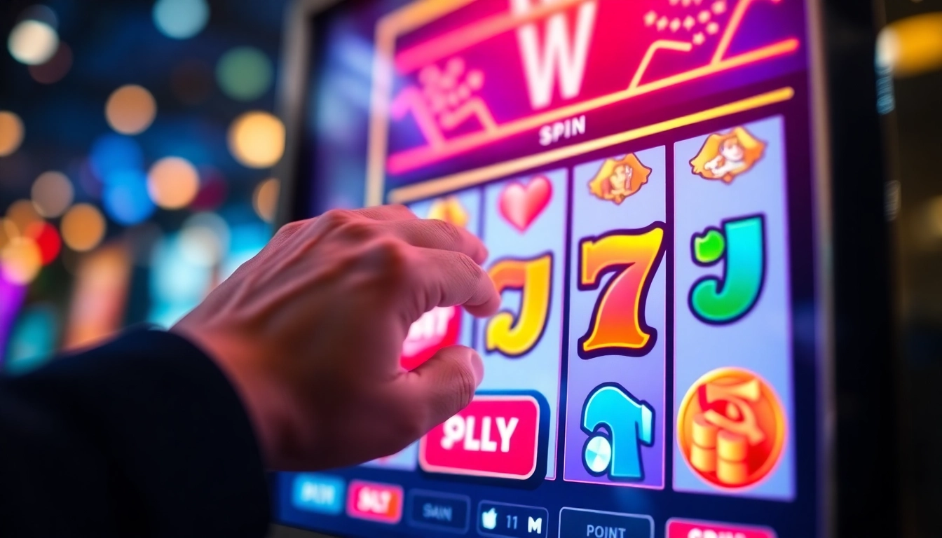 Main screen of slot depo 1k game with vibrant symbols and action-oriented hand reaching for the button.