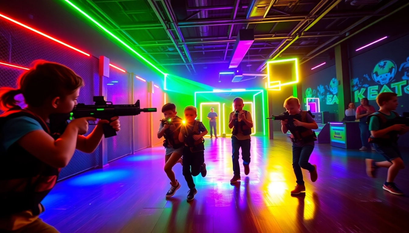 Exciting Laser tag battle with children in a vibrant indoor arena featuring neon lights.