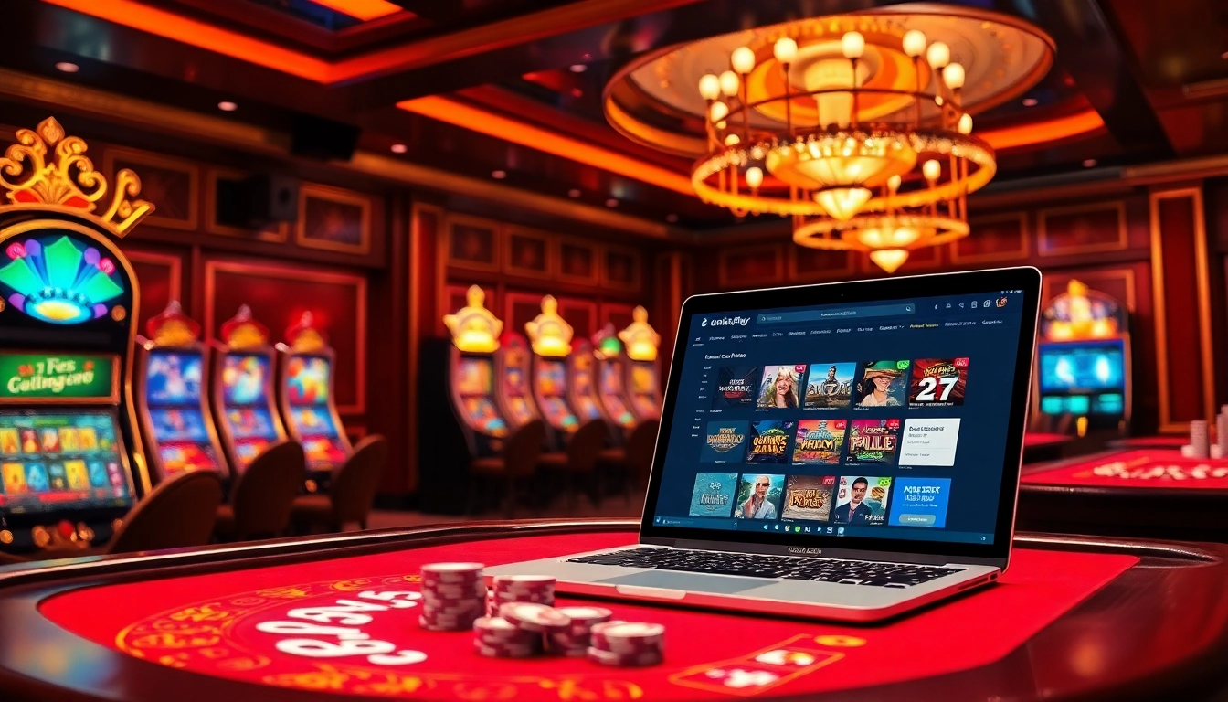 Immerse yourself in the thrill of onicplay with a luxurious online casino scene featuring vibrant tables and slot machines.