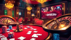 Engaging scene highlighting onicplay in a bustling casino, featuring poker tables and roulette wheels.
