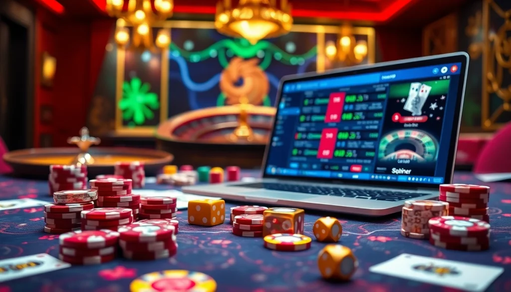 Experience the excitement of trang cá cược vua99 at a luxurious online casino table featuring vibrant chips and cards.