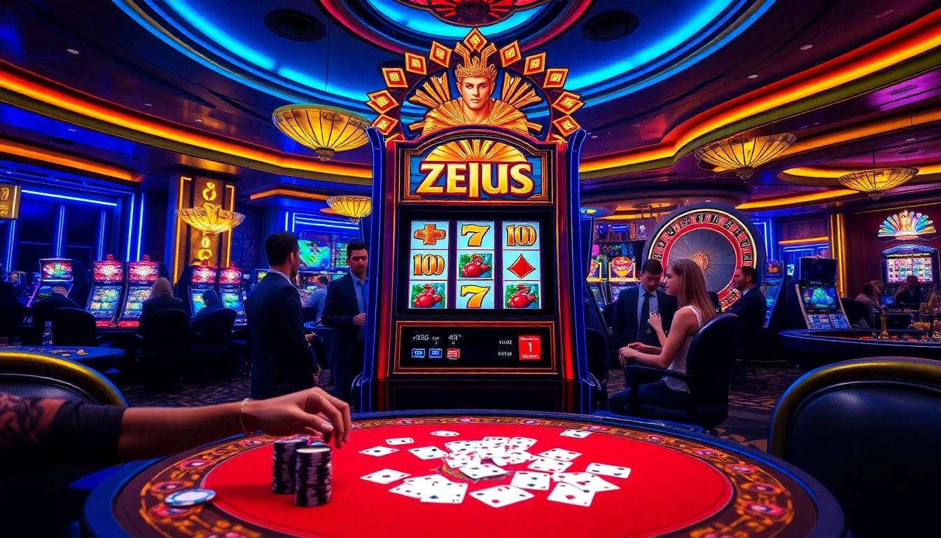 Putar gulungan pada mesin slot Zeus yang mendebarkan, dikelilingi elemen kasino yang penuh warna.