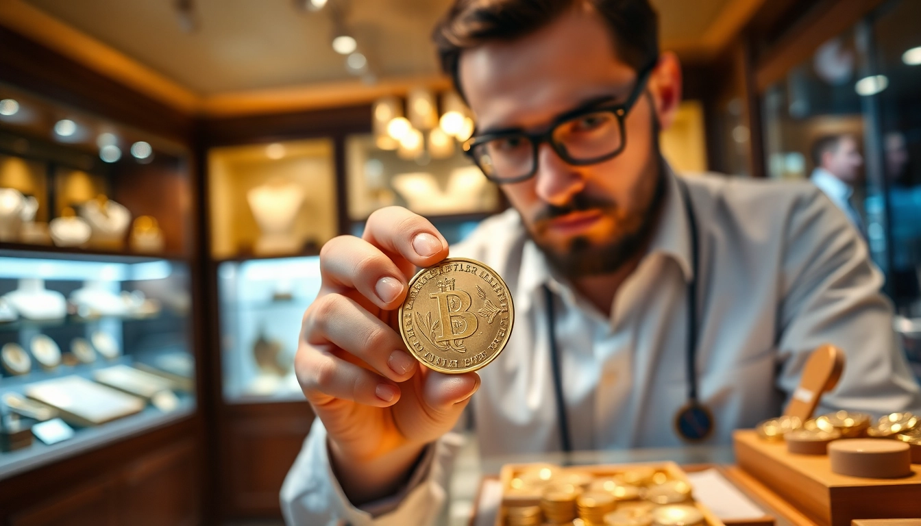 Valutazione di compro oro con monete d'oro in un ambiente professionale.