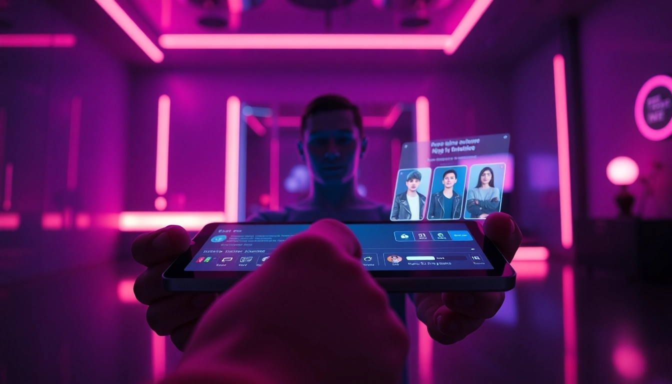 Engaging NSFW character AI interaction on a modern device in a futuristic setting.