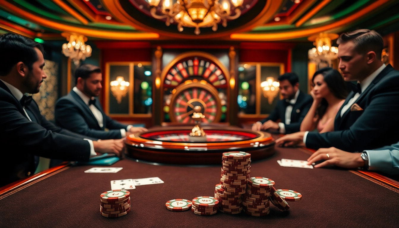A thrilling poker game showcasing 7upbet's luxurious atmosphere with vibrant chips and cards.