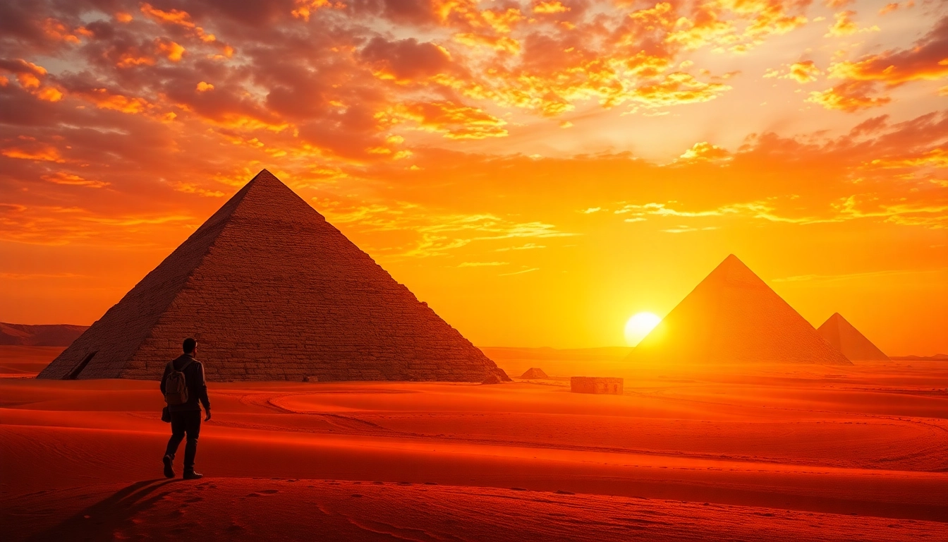 Explore the majestic piraminds against a stunning sunset in the Egyptian desert.