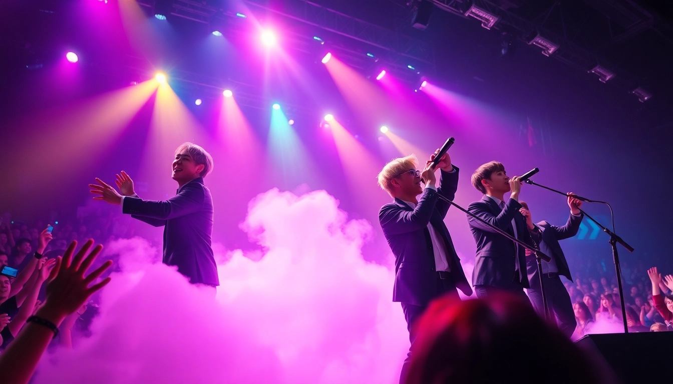 Engaging BTS news scene featuring the band performing with electrifying energy and lively fans.