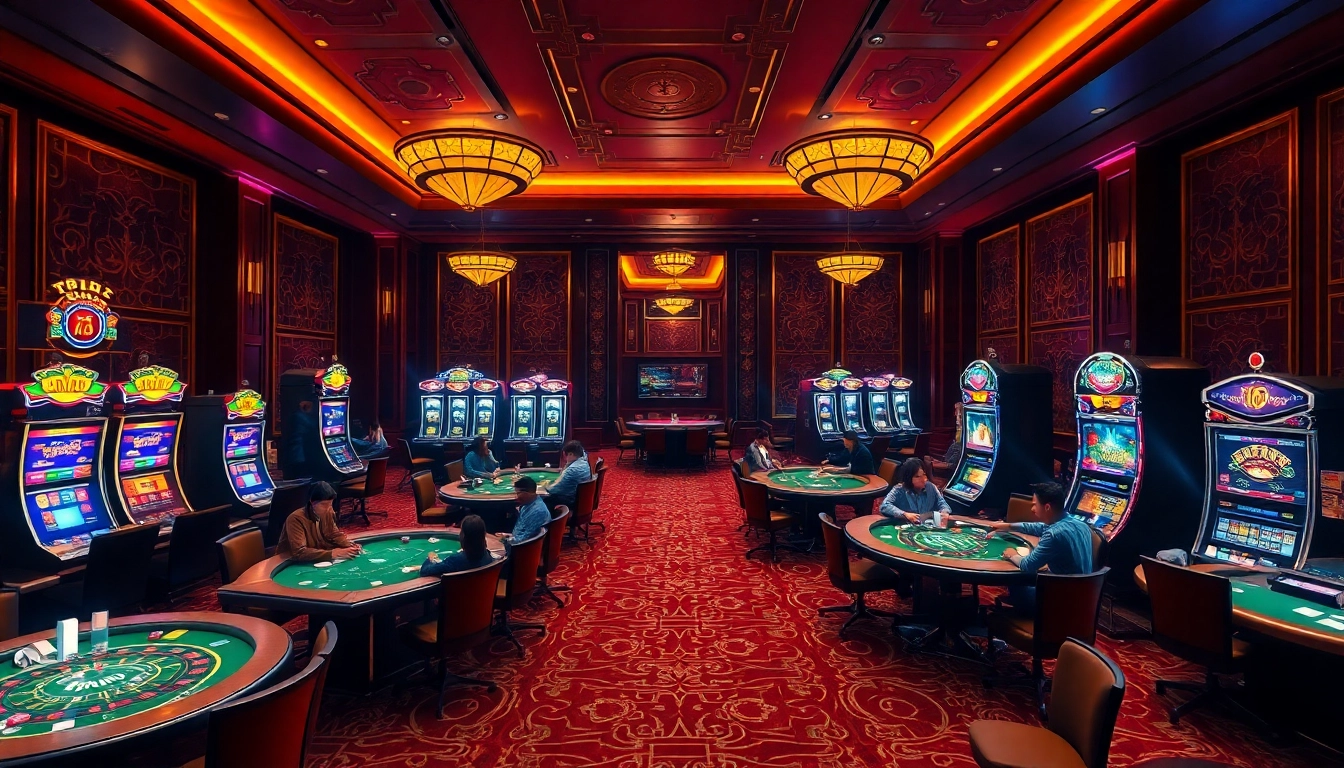 Engaging casino atmosphere at hello88k.blog with players in action at poker and slot machines.