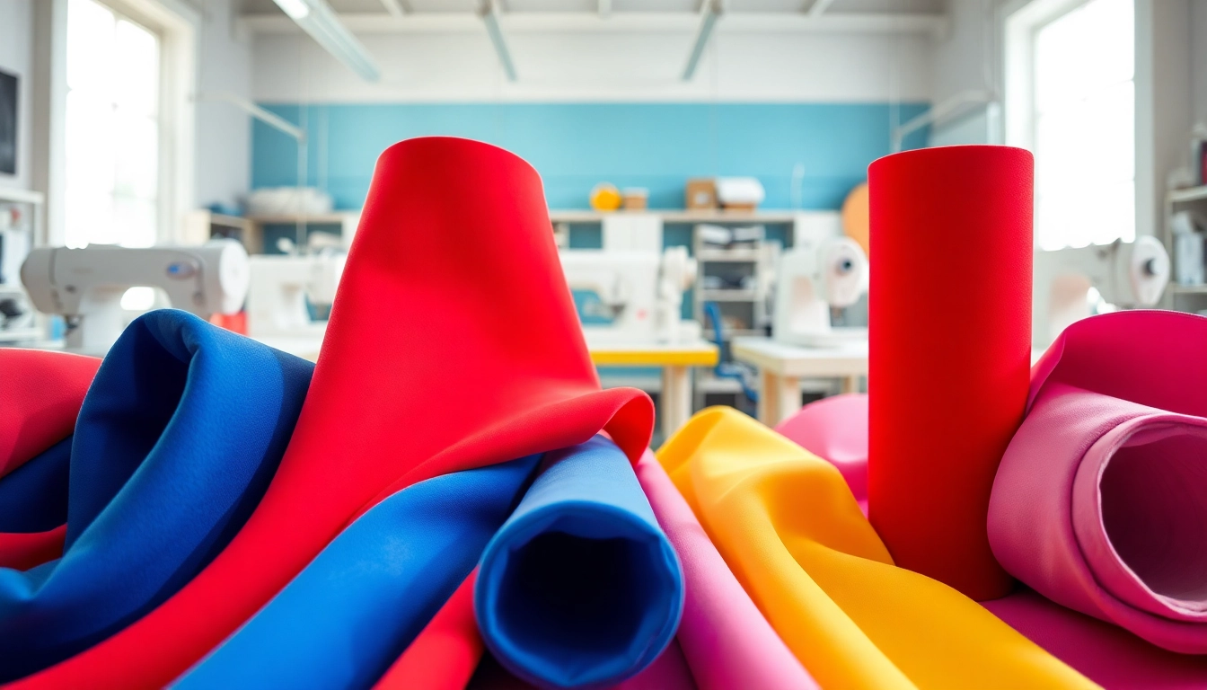 Spandex stretch strekken zich uit over kleurrijke stoffenrollen in een workshop.