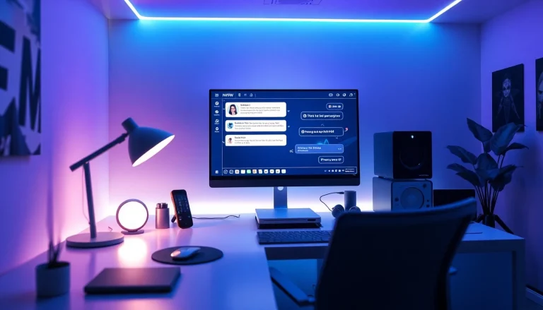 An interactive computer display featuring an nsfw ai chatbot in a modern workspace setting.