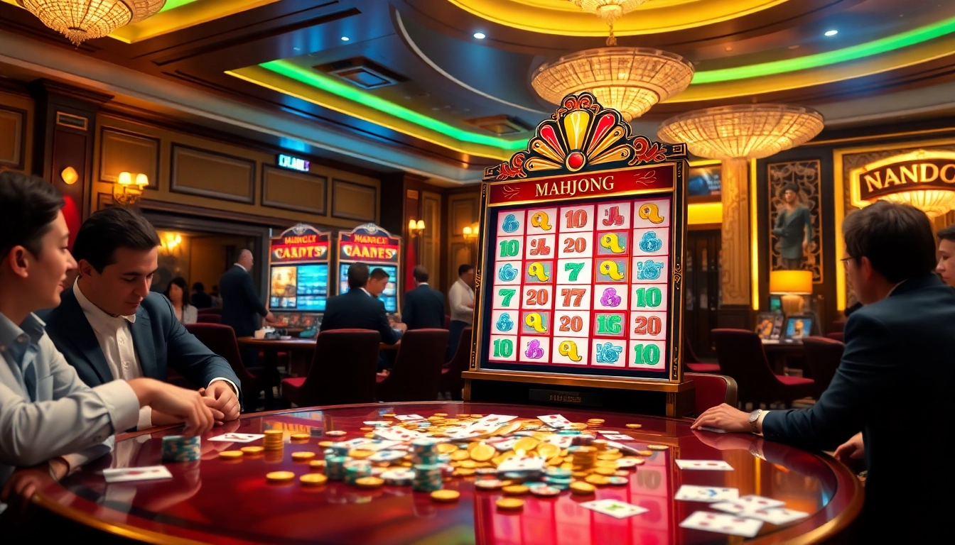 Engage with the mahjong slot demo in a vibrant casino atmosphere filled with players and excitement.