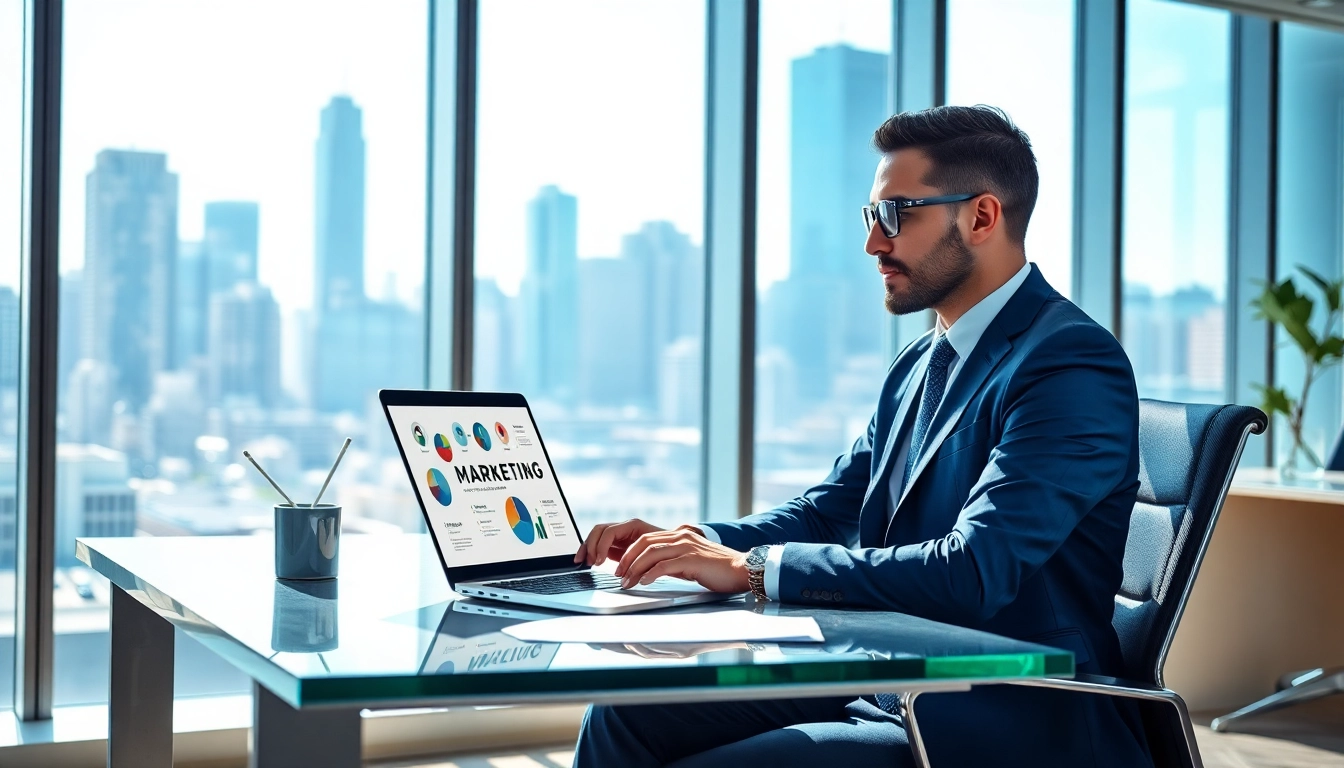Marketing Consultant analyzing strategies in a modern office setting with city skyline.