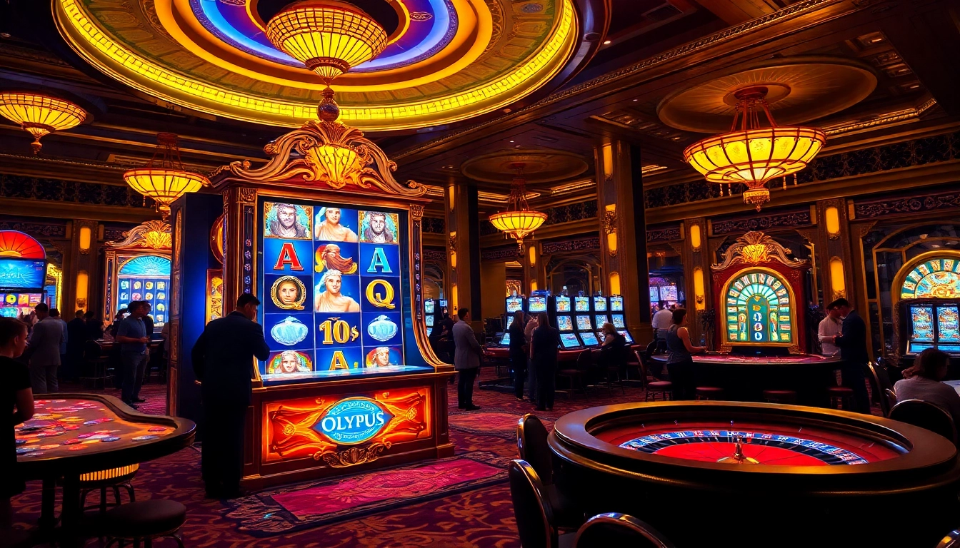 Spin the exciting Olympus slot machine surrounded by gleaming casino tables and vibrant decor.