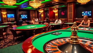 Experience the thrill of betting at i9bet2h.club with vibrant casino tables and a roulette wheel.