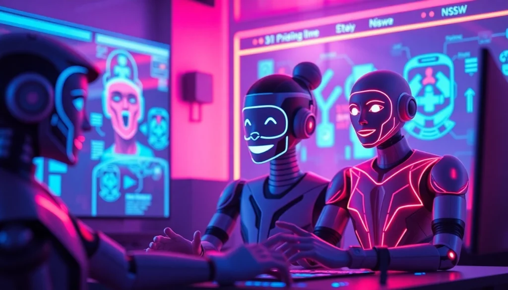 Vibrant digital scene showcasing character AI NSFW models in a tech-inspired environment, emphasizing user interaction.