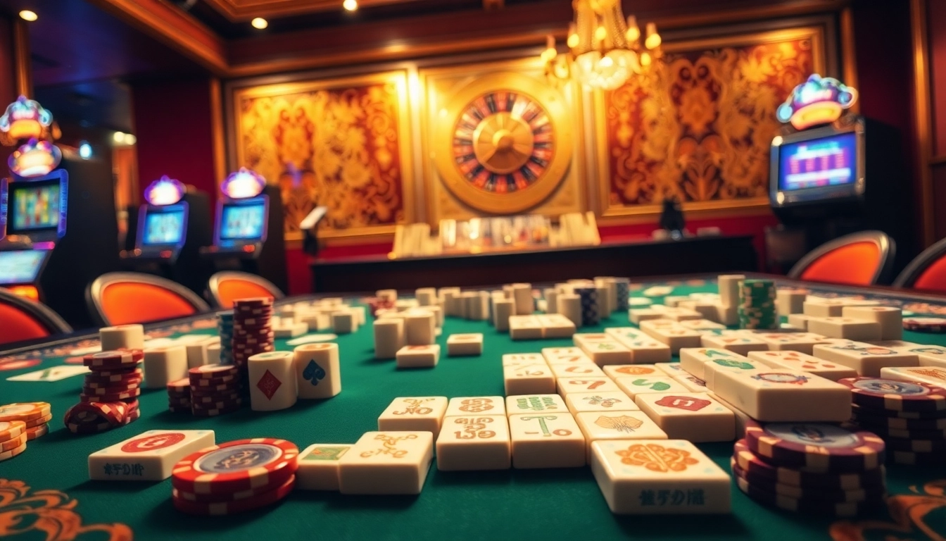 Ubin Link Mahjong yang dipasangkan secara strategis di meja kasino yang elegan dengan dekorasi berwarna-warni.