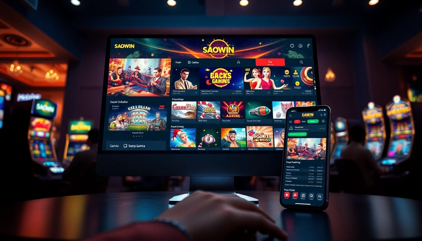 Giao diện nền tảng SAOWIN hiển thị các trò chơi casino trực tuyến và cá cược trực tiếp.
