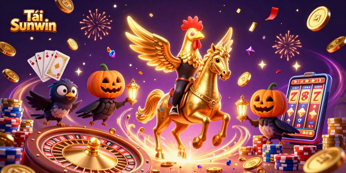 Tải Sunwin in a vibrant casino scene with a golden rooster and magical crows delivering excitement and rewards