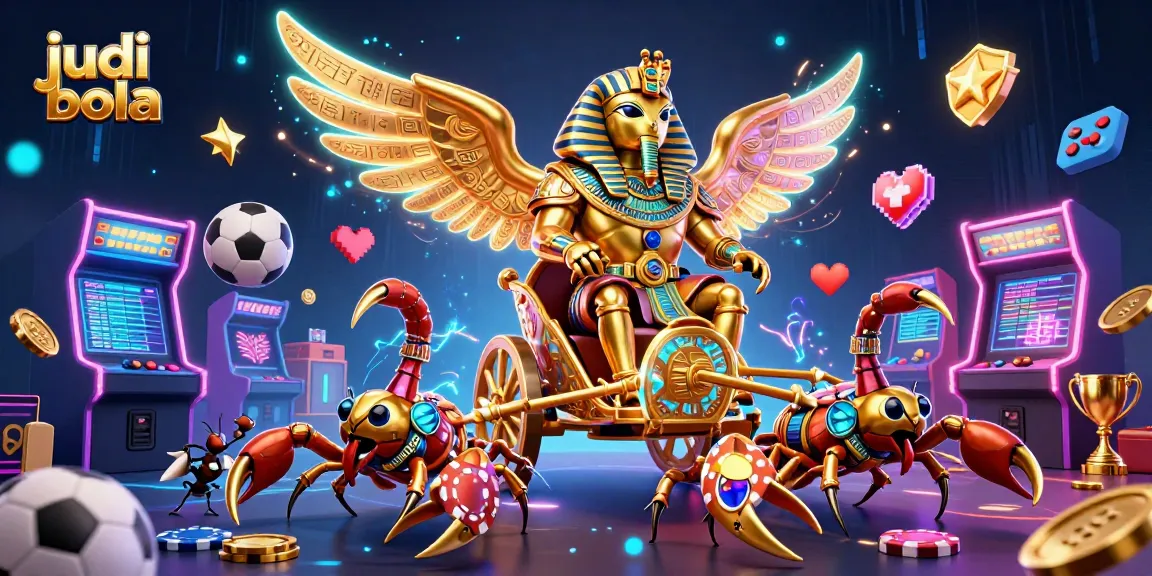 Experience thrilling judi bola action with a golden scarab and scorpions in a vibrant casino scene.