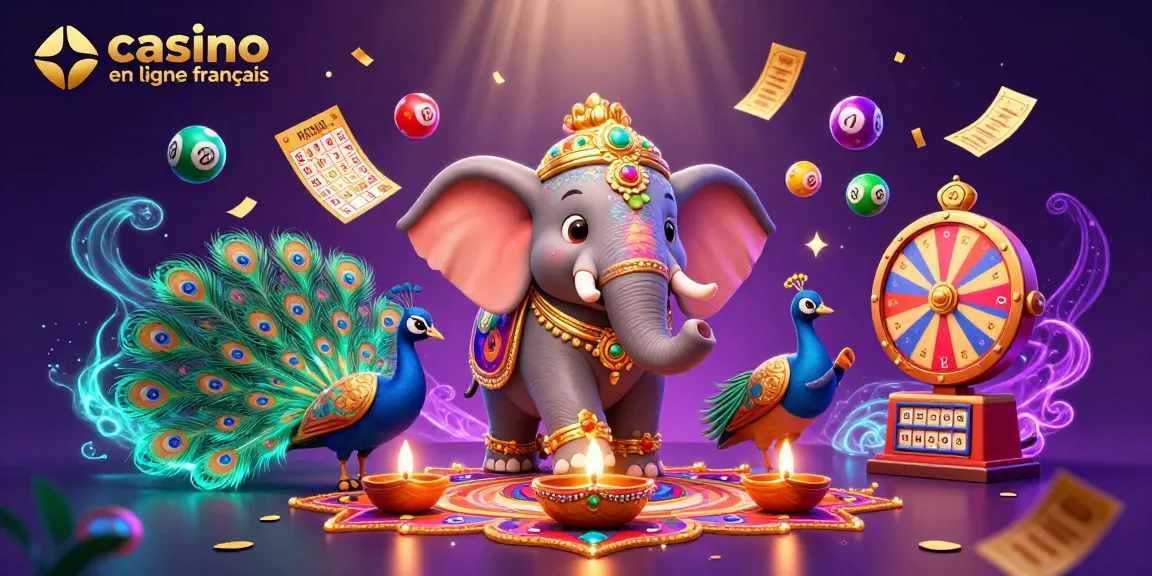Jouez à casino en ligne français avec un éléphant coloré, des lampes et des symboles de loterie.