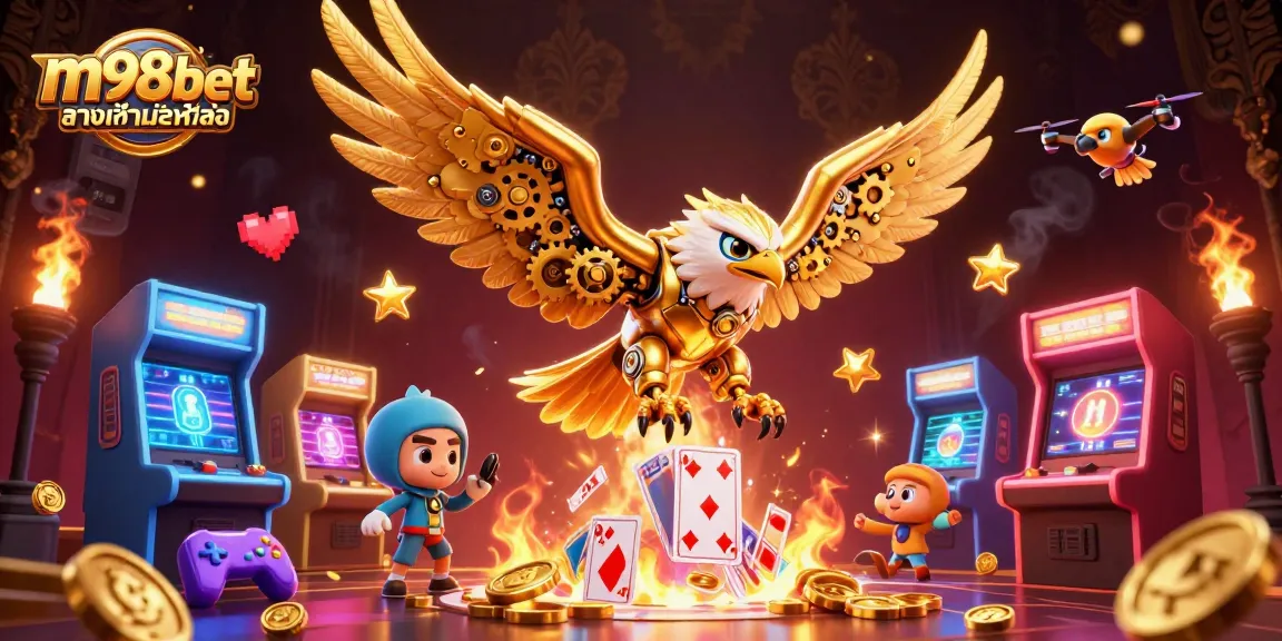 เล่น m98bet ทางเข้ามือถือ ด้วยนกอินทรีทองคำและการ์ดเล่นที่ลอยอยู่ในอากาศ
