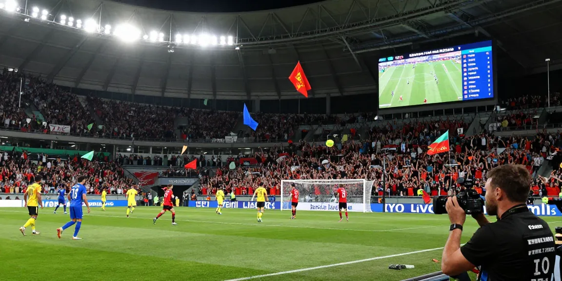 Exciting moment from a live football match showing koora live action with cheering fans.