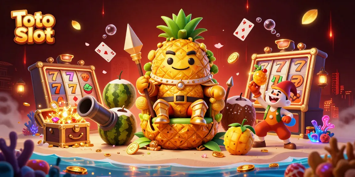 Toto Slot gaming scene featuring a golden pineapple king and vibrant casino elements on a tropical beach.