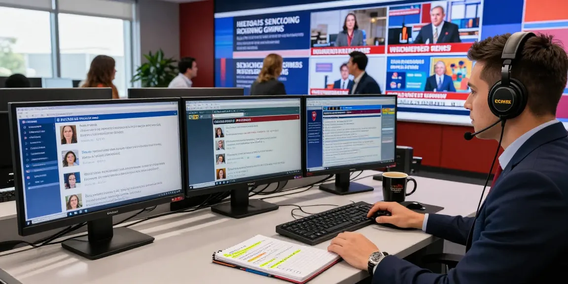 Newsroom scene focused on dynamic reporting at https://www.theindaily.com with journalists and live updates.